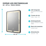 Espejo LED rectangular 60 x 80 cm marco negro ficha técnica