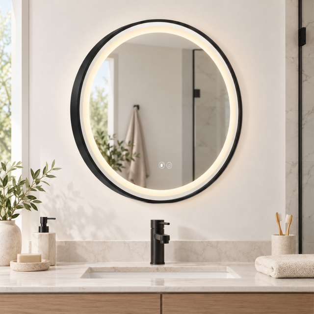 Espejo Aura LED integrado redondo 60 cm negro antiempañante, ambientado en baño moderno