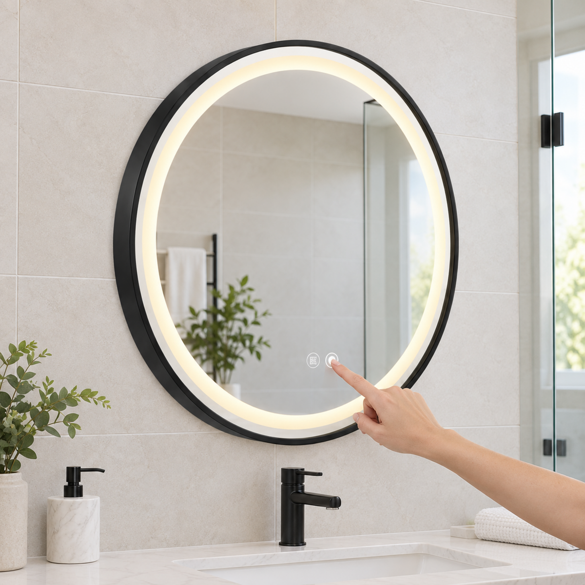 Espejo Aura LED integrado redondo 60 cm negro antiempañante, uso del control táctil