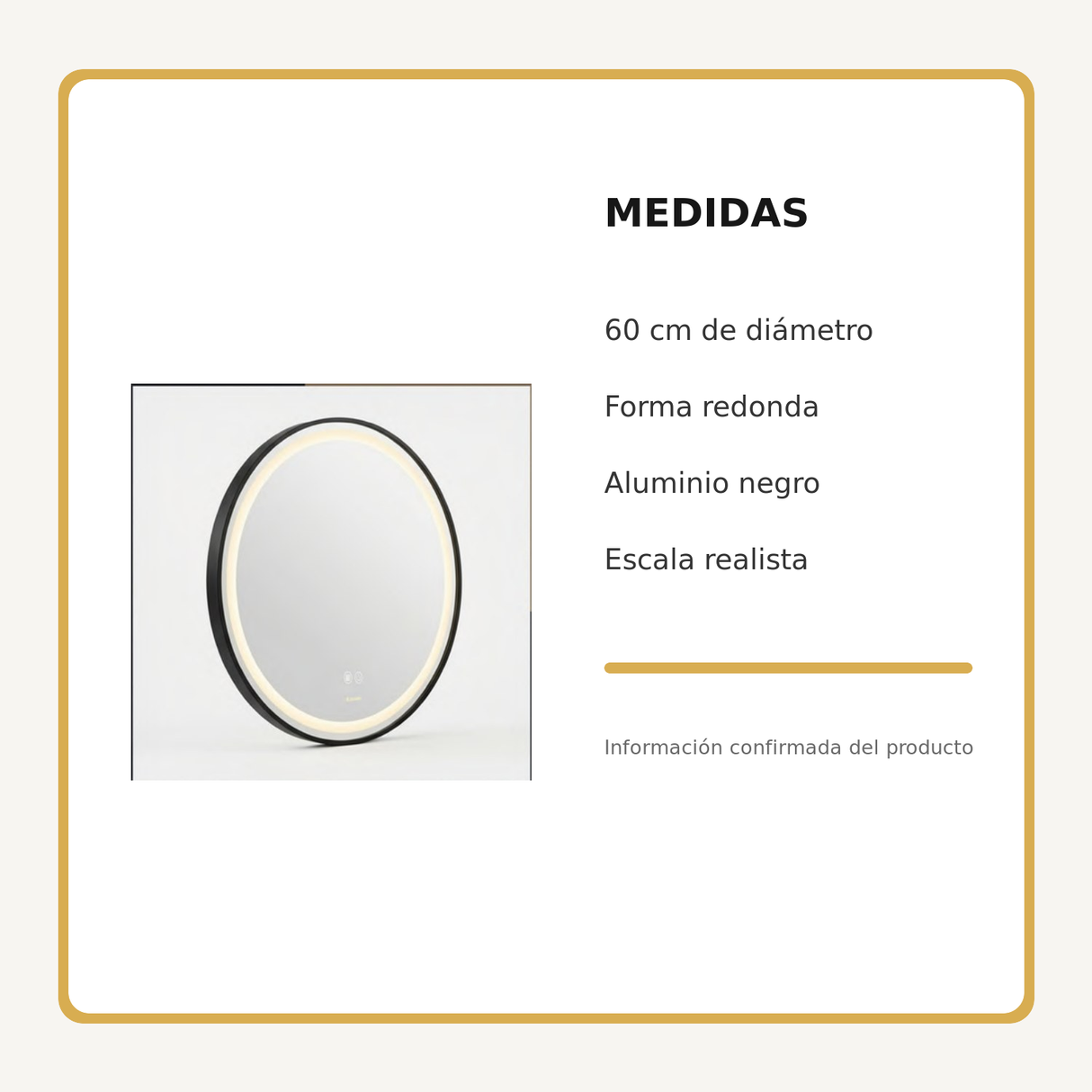 Espejo Aura LED integrado redondo 60 cm negro antiempañante, medidas del producto