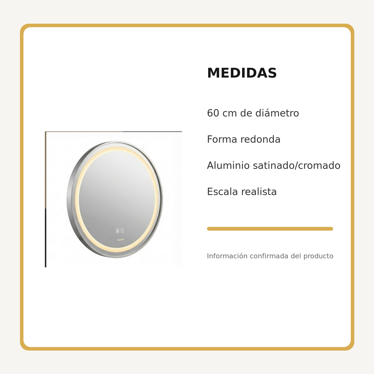 Espejo Aura LED integrado redondo 60 cm cromado antiempañante, medidas del producto