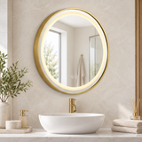 Espejo Aura LED integrado redondo 60 cm dorado antiempañante, ambientado en baño moderno