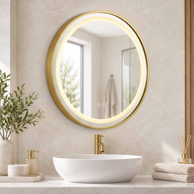 Espejo Aura LED integrado redondo 60 cm dorado antiempañante, ambientado en baño moderno