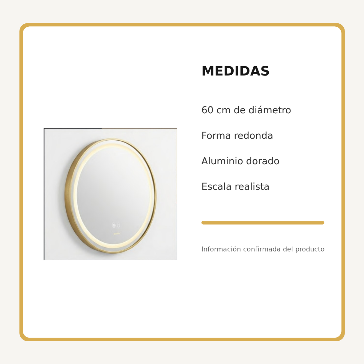 Espejo Aura LED integrado redondo 60 cm dorado antiempañante, medidas del producto
