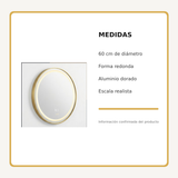 Espejo Aura LED integrado redondo 60 cm dorado antiempañante, medidas del producto