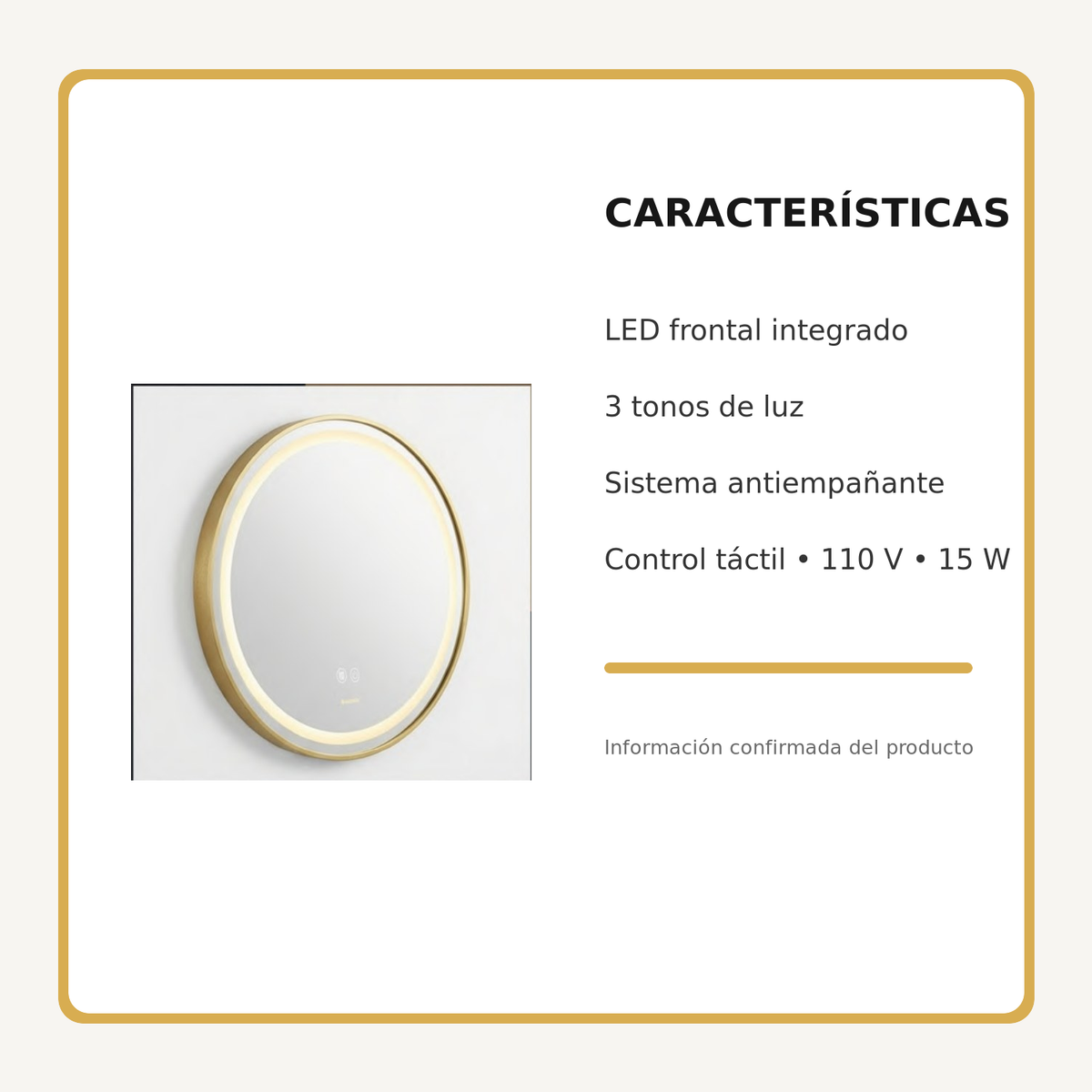 Espejo Aura LED integrado redondo 60 cm dorado antiempañante, características principales