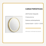 Espejo Aura LED integrado redondo 60 cm dorado antiempañante, características principales
