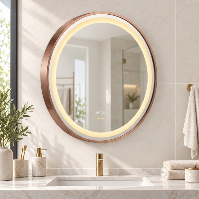 Espejo Aura LED integrado redondo 60 cm oro rosa antiempañante, ambientado en baño moderno