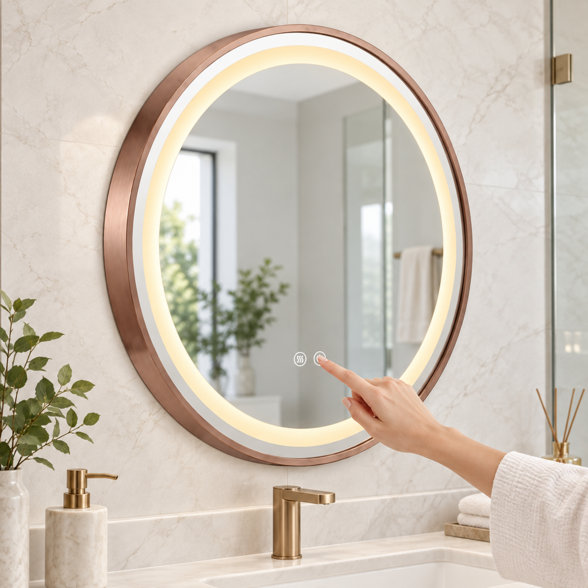Espejo Aura LED integrado redondo 60 cm oro rosa antiempañante, uso del control táctil