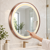 Espejo Aura LED integrado redondo 60 cm oro rosa antiempañante, uso del control táctil