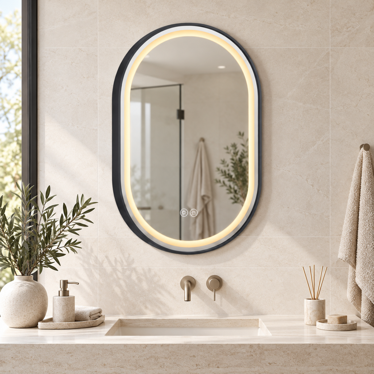 Espejo Aura LED ovalado 50 × 80 cm negro antiempañante, ambientado en baño moderno