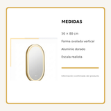 Espejo Aura LED ovalado 50 × 80 cm dorado antiempañante, medidas del producto