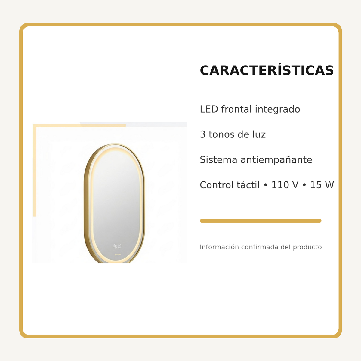 Espejo Aura LED ovalado 50 × 80 cm dorado antiempañante, características principales