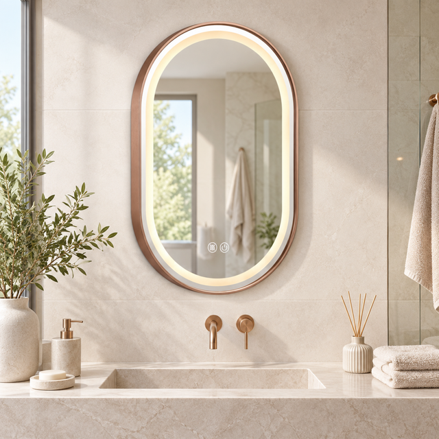 Espejo Aura LED ovalado 50 × 80 cm oro rosa antiempañante, ambientado en baño moderno