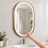 Espejo Aura LED ovalado 50 × 80 cm oro rosa antiempañante, uso del control táctil