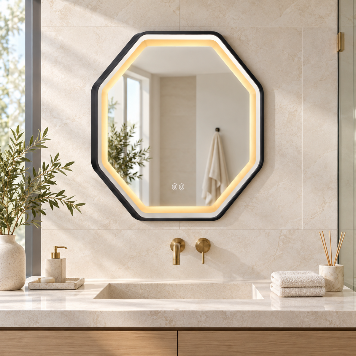Espejo Aura LED hexagonal 60 cm negro antiempañante, ambientado en baño moderno
