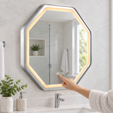 Espejo Aura LED hexagonal 60 cm cromado antiempañante, uso del control táctil