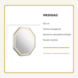 Espejo Aura LED hexagonal 60 cm cromado antiempañante, medidas del producto