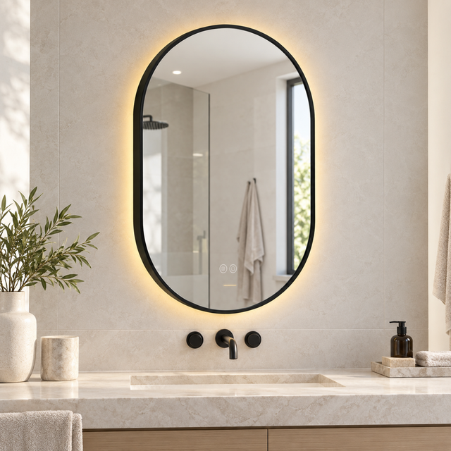 Espejo Aura LED indirecto ovalado 50 × 80 cm negro antiempañante, ambientado en baño moderno