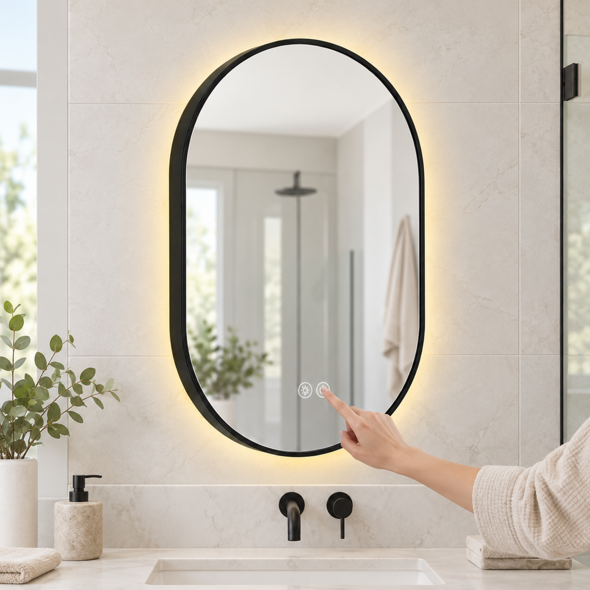 Espejo Aura LED indirecto ovalado 50 × 80 cm negro antiempañante, uso del control táctil