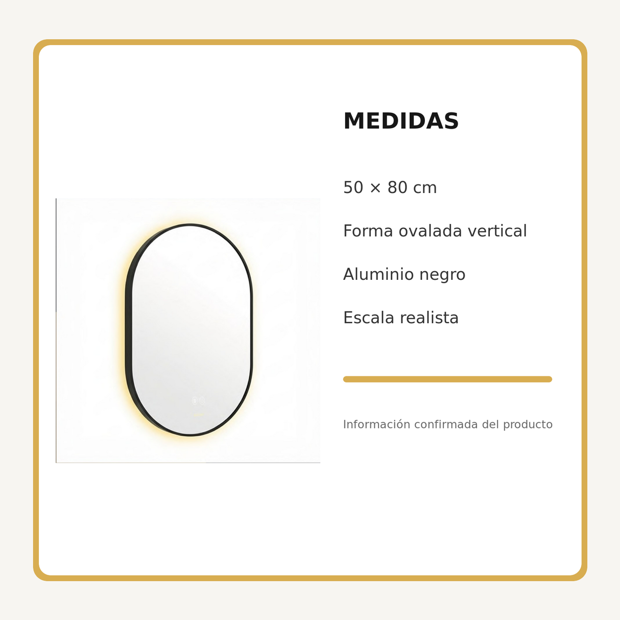 Espejo Aura LED indirecto ovalado 50 × 80 cm negro antiempañante, medidas del producto