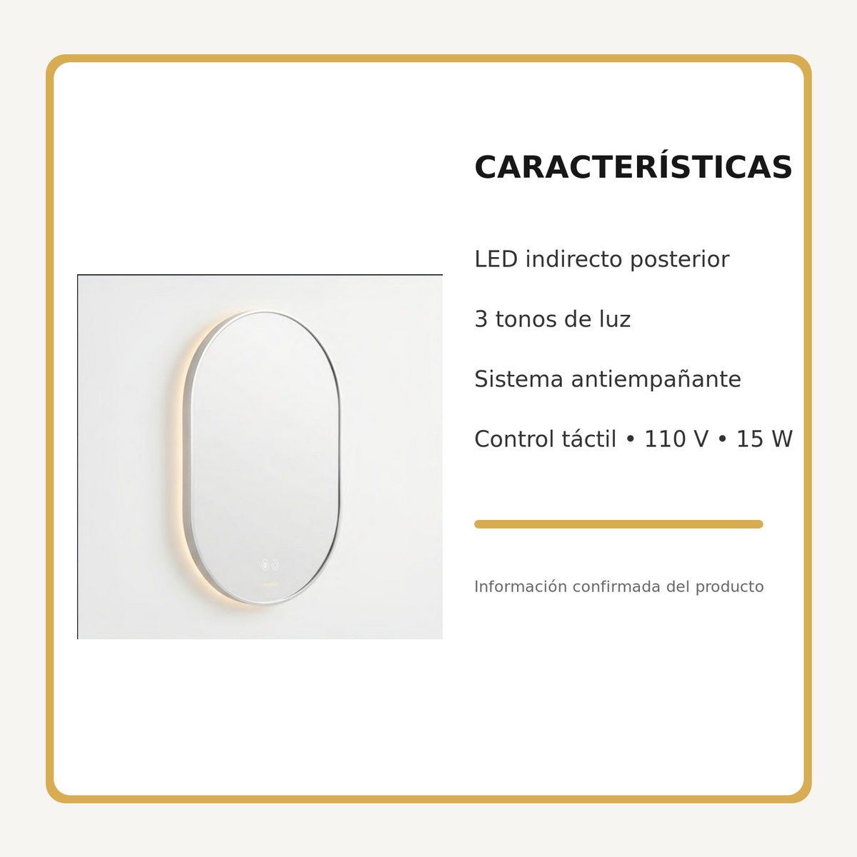 Espejo Aura LED indirecto ovalado 50 × 80 cm cromado antiempañante, características principales