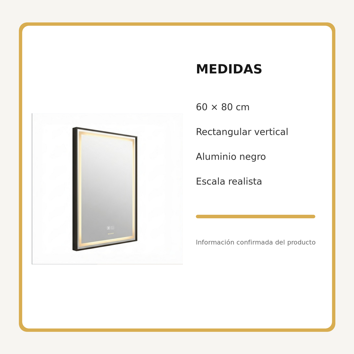 Espejo Aura LED rectangular vertical marco recto 60 × 80 cm negro antiempañante, medidas y datos técnicos