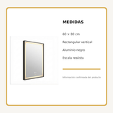 Espejo Aura LED rectangular vertical marco recto 60 × 80 cm negro antiempañante, medidas y datos técnicos