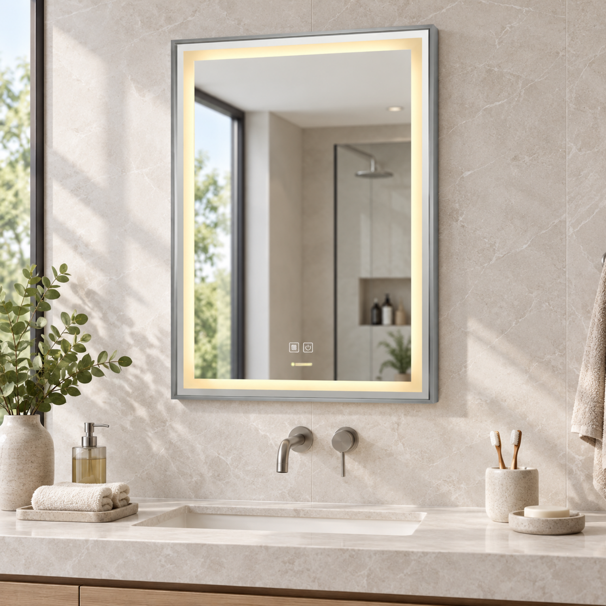 Espejo Aura LED rectangular vertical marco recto 60 × 80 cm cromado antiempañante, ambientado en espacio moderno