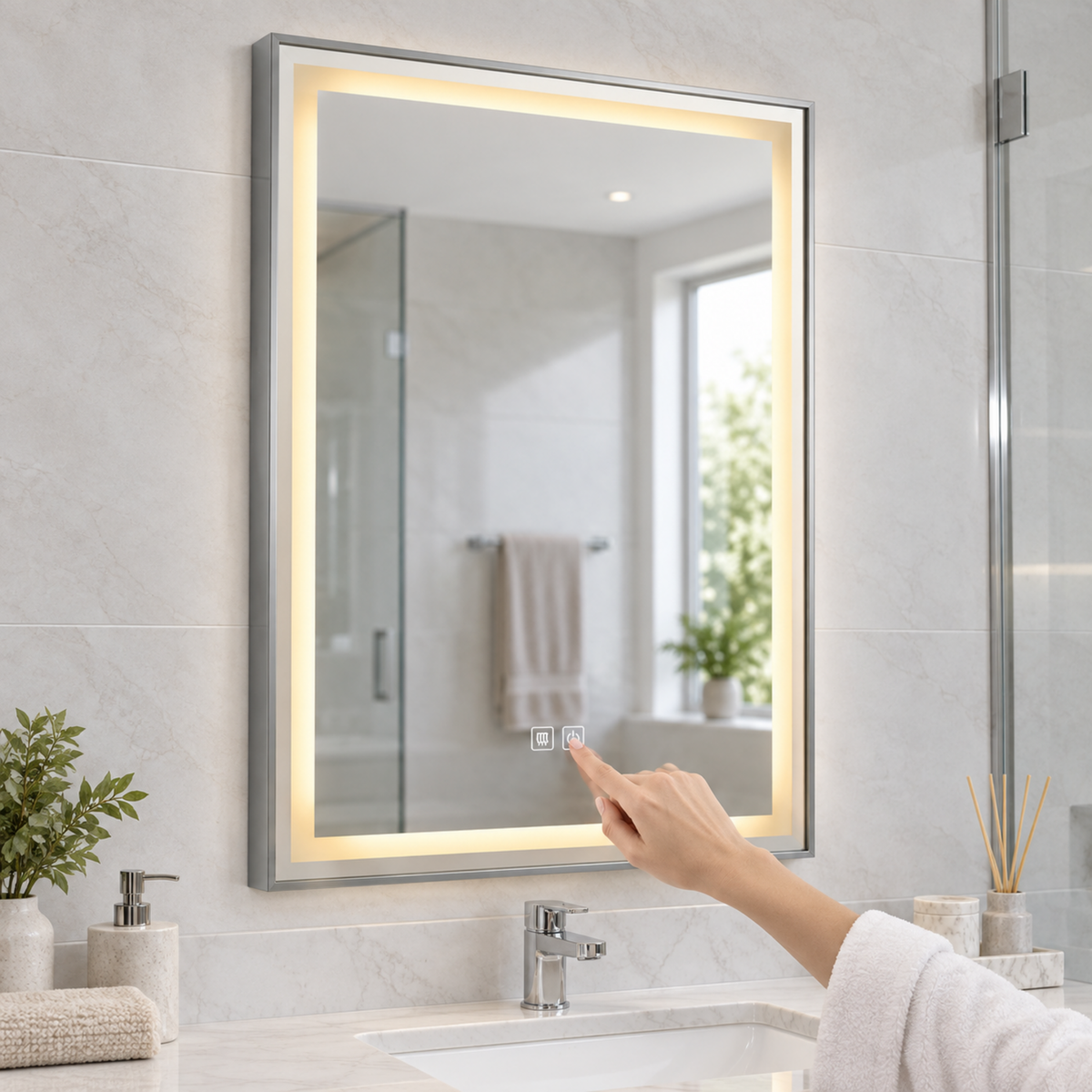 Espejo Aura LED rectangular vertical marco recto 60 × 80 cm cromado antiempañante, uso del control táctil