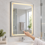 Espejo Aura LED rectangular vertical marco recto 60 × 80 cm cromado antiempañante, uso del control táctil