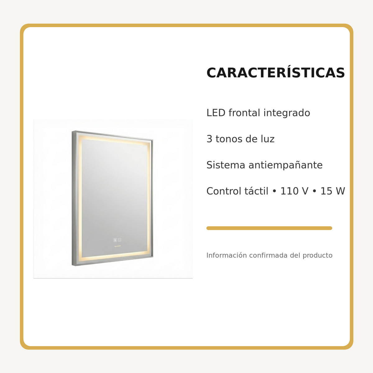 Espejo Aura LED rectangular vertical marco recto 60 × 80 cm cromado antiempañante, características principales
