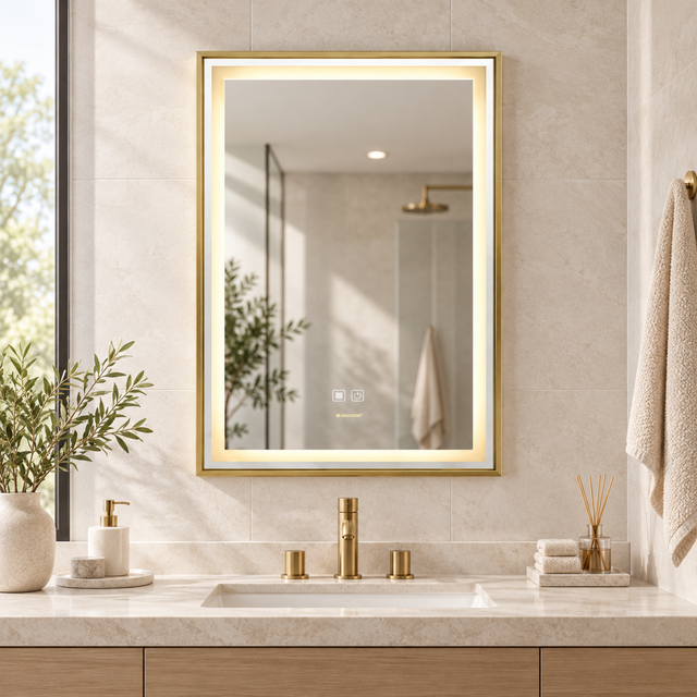 Espejo Aura LED rectangular vertical marco recto 60 × 80 cm dorado antiempañante, ambientado en espacio moderno