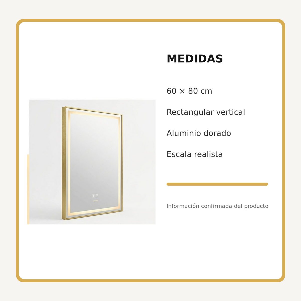Espejo Aura LED rectangular vertical marco recto 60 × 80 cm dorado antiempañante, medidas y datos técnicos