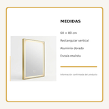 Espejo Aura LED rectangular vertical marco recto 60 × 80 cm dorado antiempañante, medidas y datos técnicos