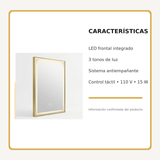 Espejo Aura LED rectangular vertical marco recto 60 × 80 cm dorado antiempañante, características principales