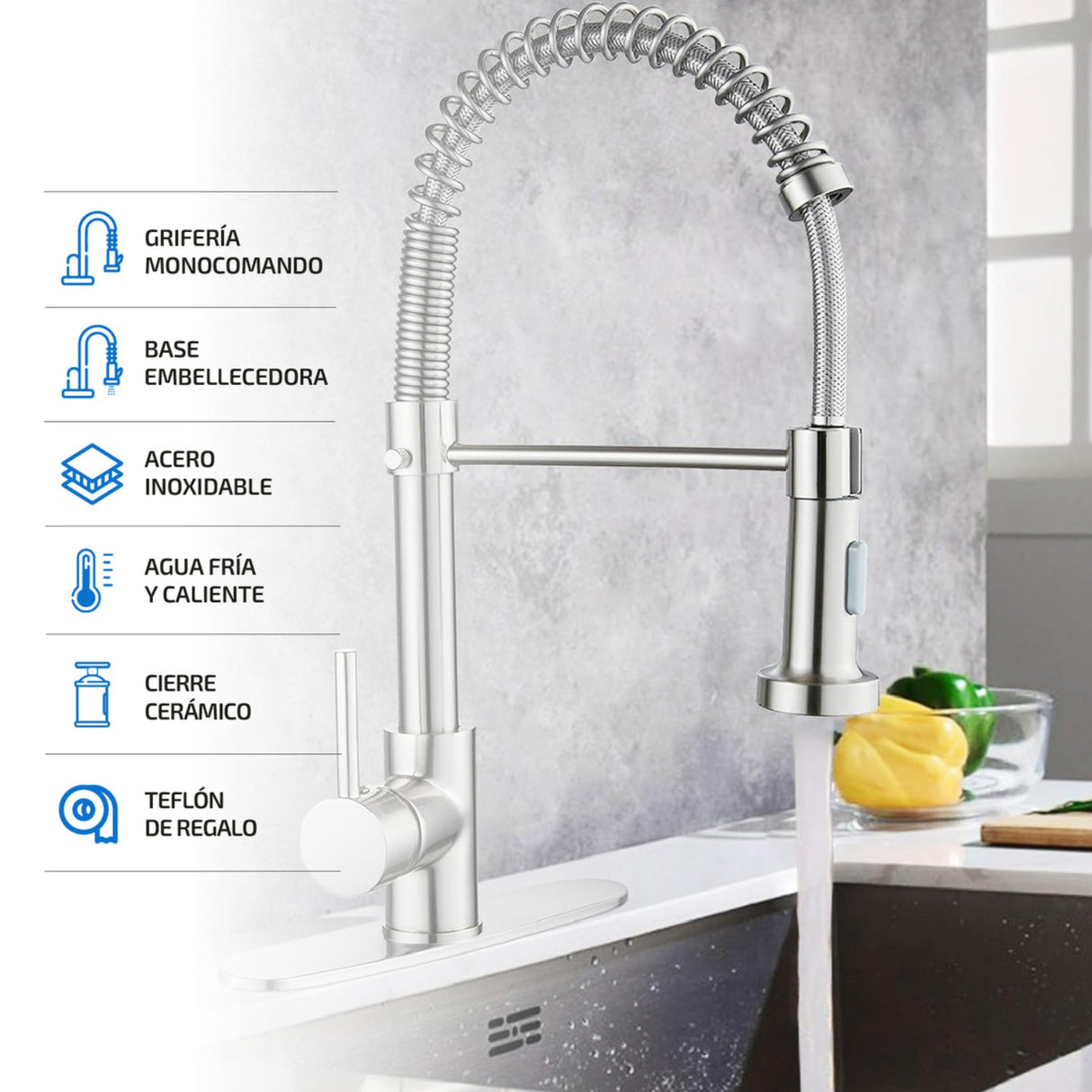 Llave Lavaplatos Monocontrol Extensible Negro Para Cocina Acabado Mate