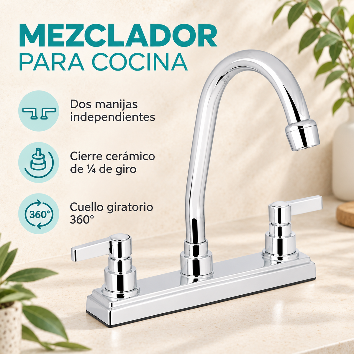 Características del mezclador de cocina Almaguer: dos manijas, cierre cerámico y cuello giratorio