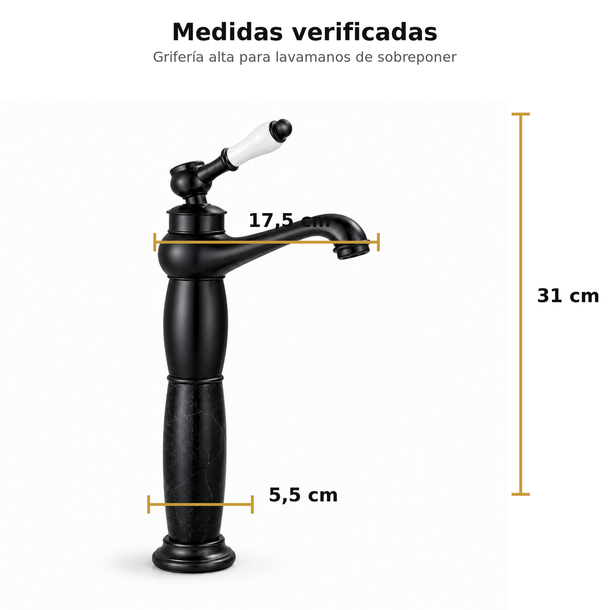 Medidas de grifería alta Aladino negra: 31 cm de alto, 17,5 cm de alcance y base de 5,5 cm