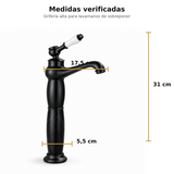 Medidas de grifería alta Aladino negra: 31 cm de alto, 17,5 cm de alcance y base de 5,5 cm