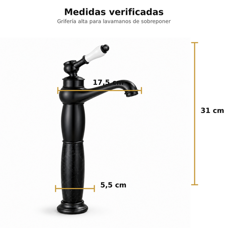 Medidas de grifería alta Aladino negra: 31 cm de alto, 17,5 cm de alcance y base de 5,5 cm