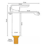 Croquis de medidas de grifería para lavamanos: altura 19 cm, longitud total 17 cm y rosca de 1 pulgada.