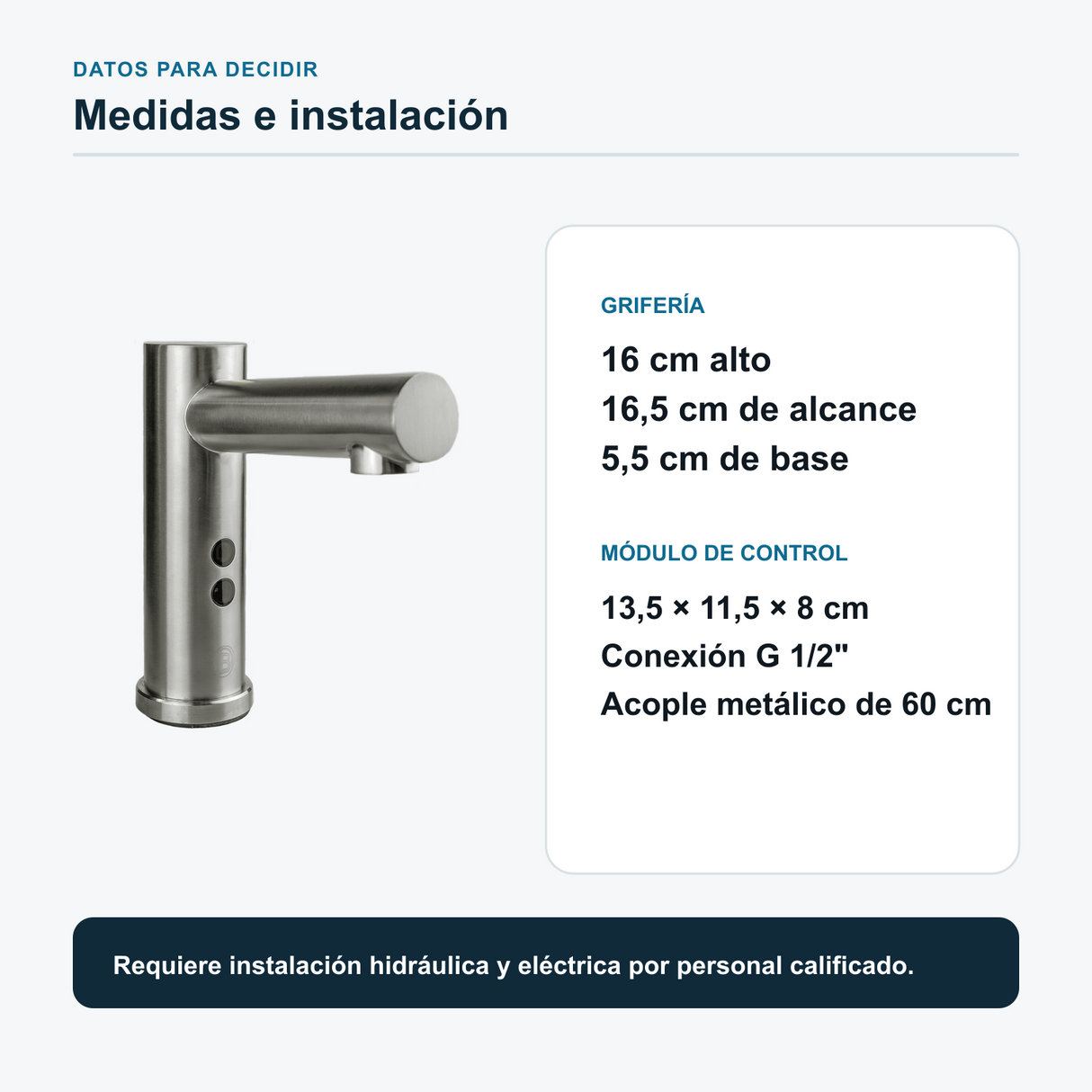 Medidas de la grifería automática y del módulo de control para planificar la instalación