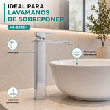 Grifería alta cromada instalada sobre mesón junto a lavamanos de sobreponer