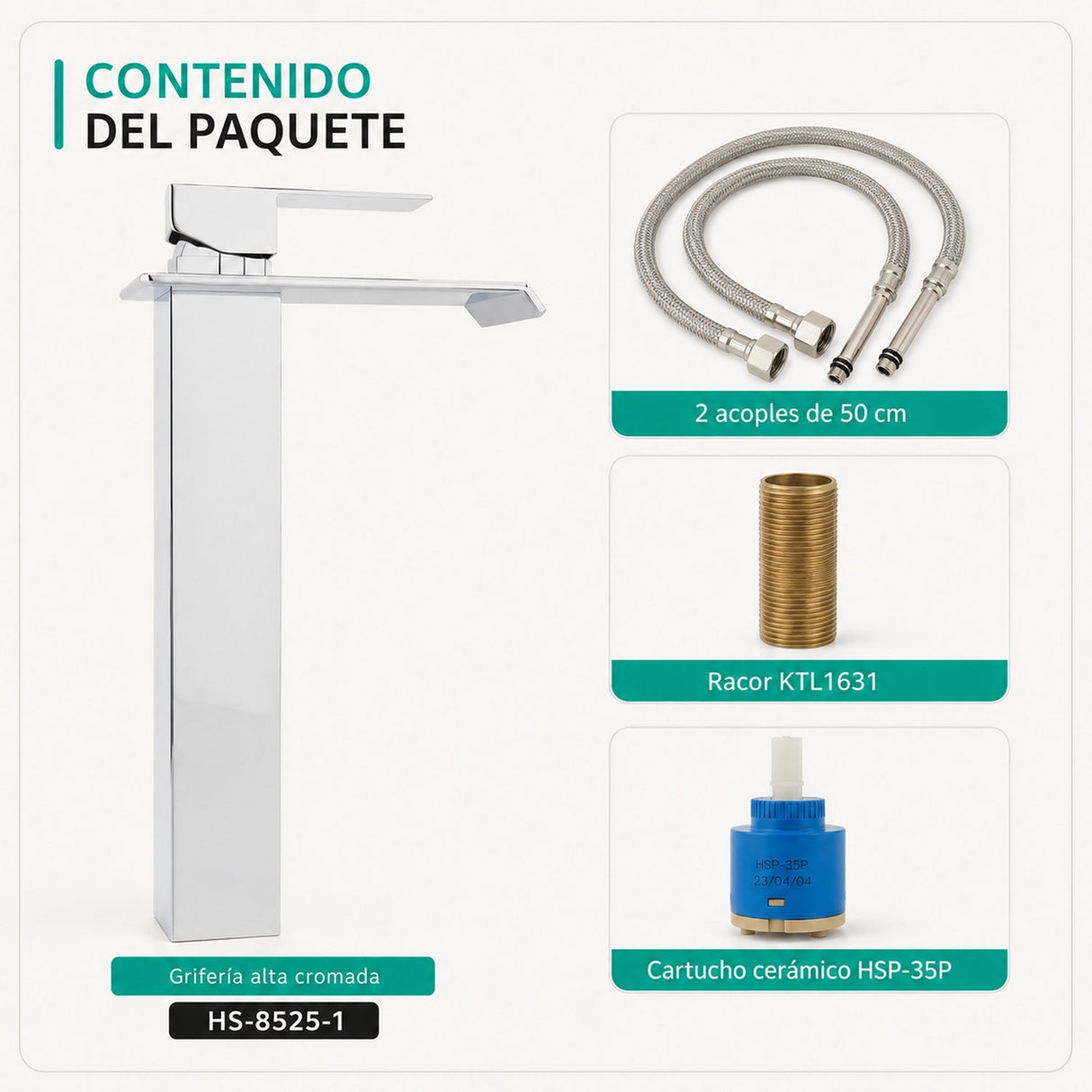 Contenido de grifería alta cromada con dos acoples de 50 cm, racor KTL1631 y cartucho cerámico HSP-35P