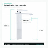 Croquis de grifería alta cromada tipo cascada con medidas 30,5 cm, 25 cm y alcance de 11,5 cm