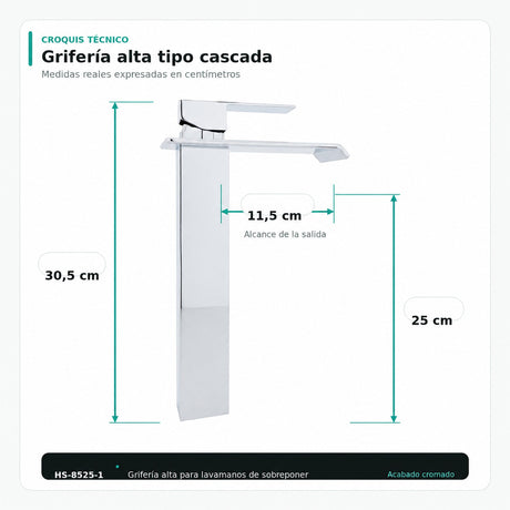 Croquis de grifería alta cromada tipo cascada con medidas 30,5 cm, 25 cm y alcance de 11,5 cm