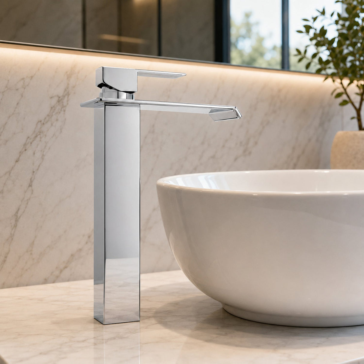 Grifería alta para lavamanos tipo cascada cromada instalada en baño moderno de lujo