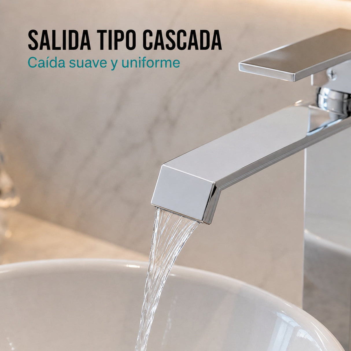 Primer plano de grifería alta cromada con salida frontal de agua tipo cascada