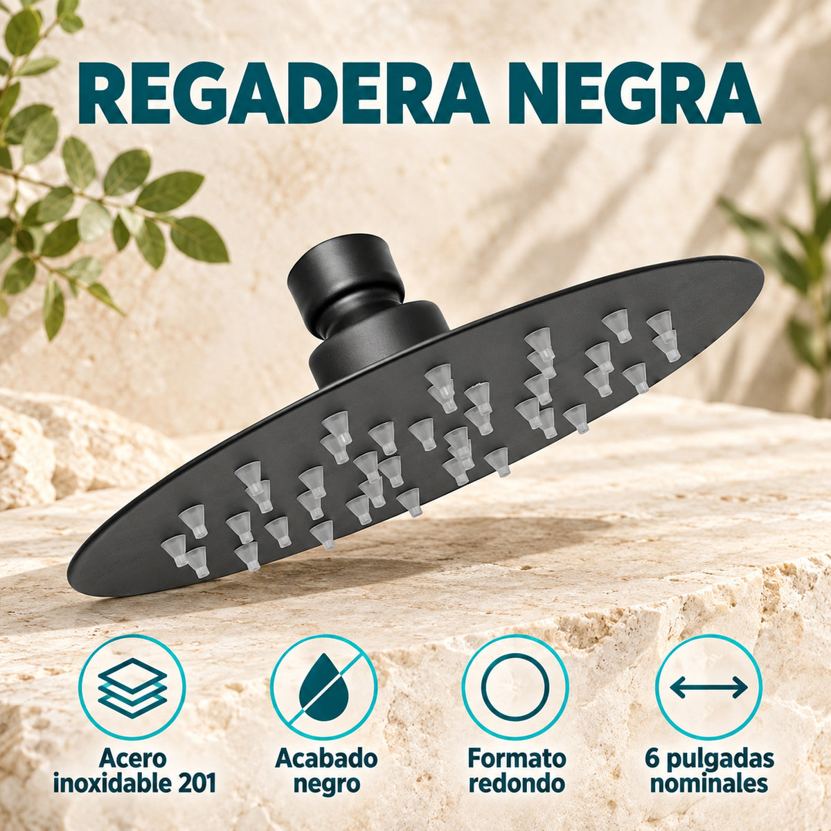 Regadera Redonda Negra De 6 Pulgadas — características del producto